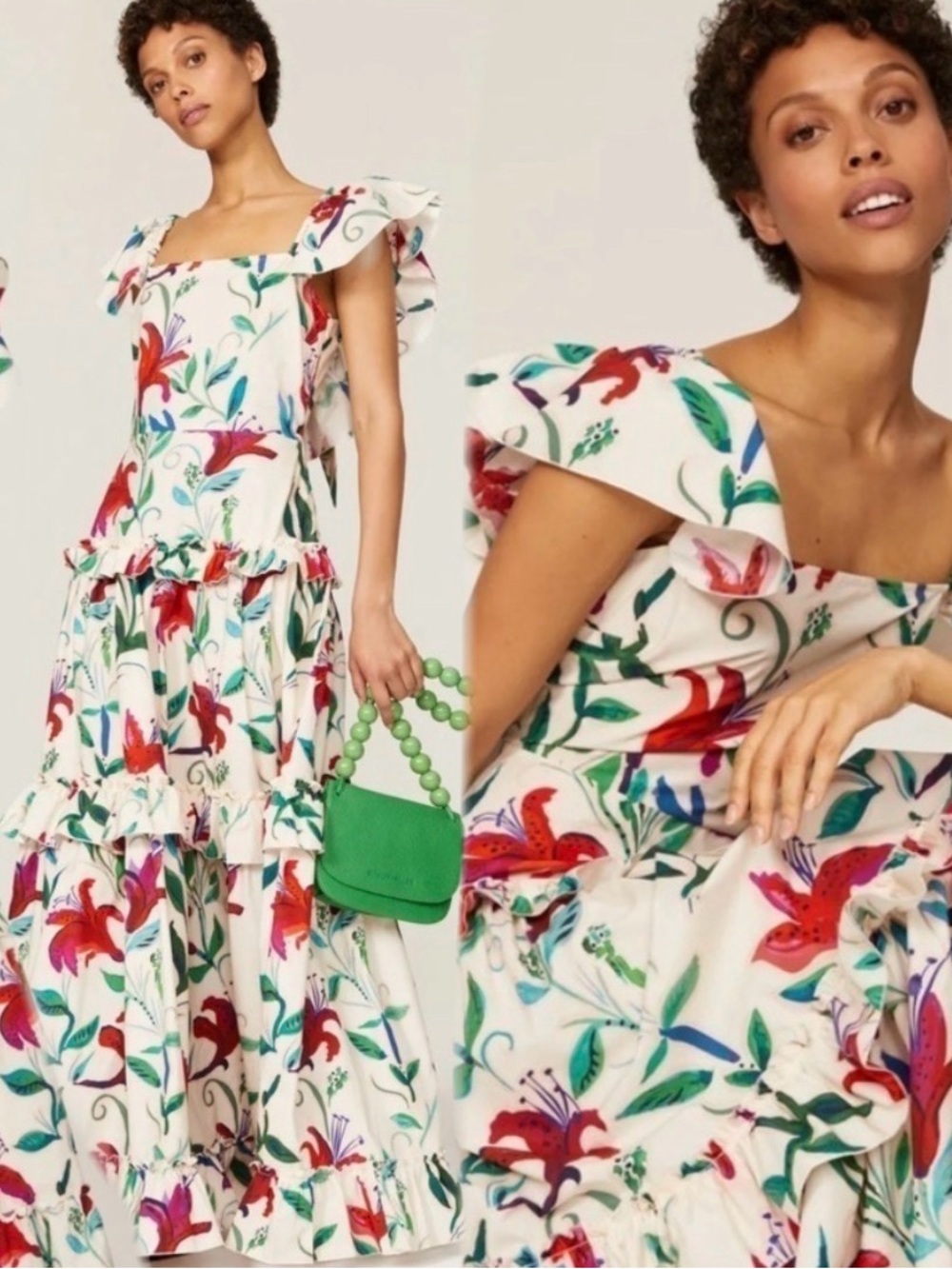 LA DoubleJ Red and Green Maxi Sundress with Flutter Sleeves Sz XS